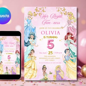 Puede incluir: Invitación rosa con ilustraciones de princesas, texto "Her Royal Five-ness" y detalles para una fiesta de quinto cumpleaños. La invitación incluye el nombre "Olivia", fecha, hora e información RSVP. Un smartphone muestra el mismo diseño.
