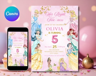 May include: Pink invitation with princess illustrations, text "Her Royal Five-ness," and details for a fifth birthday party. The invitation includes the name "Olivia," date, time, and RSVP information. A smartphone displays the same design.