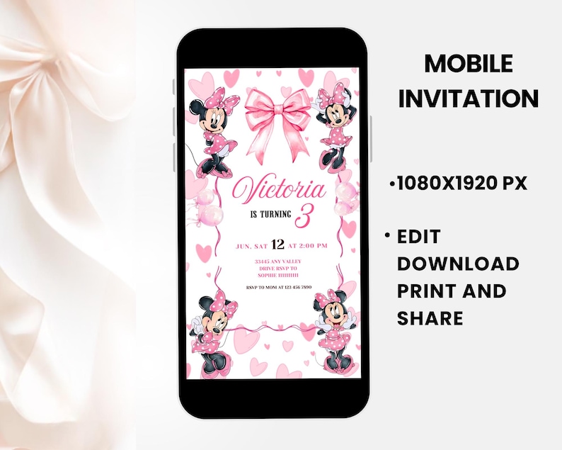Editable Pink Minnie Mouse Birthday Invitation, Watercolor Girls ...
