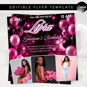 May include: An editable flyer template for a Libra birthday party featuring a black and pink background with balloons, sparkles, and text reading You Are Invited At, Libra, Jasmine's Birthday, Free Drinks, Live Music, Hookah, Hosted By DJ James & DJ Sam.