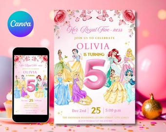 Princess Birthday Invitation Princess Invitation Princess Party Invitation Girl Princesses Theme Invite Digital EDITABLE Instant ANY AGE