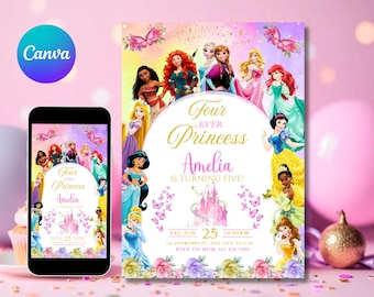 Editable Princess Invitation, Royal Princess 4th Birthday Invite, Girl Princess Theme 4th Birthday, Princess Party Invite Digital Download