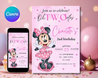 Editable Oh TWOdles Birthday digital Invitation 2nd birthday Minnie Second Birthday Invite cute mouse Invitation girl Minnie Invite