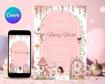 Fairy First Birthday Invitation, Whimsical Pink Butterfly Enchanted Garden Theme, Editable 1st Birthday Party Custom Invite Template, Canva