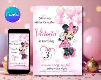 Editable Minnie Mouse Birthday Invitation, Minnie Mouse Birthday, 1st Birthday, Mouse Birthday Invite, Girls minnie invitations