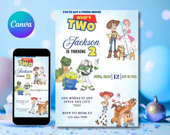 Szablon zaproszenia urodzinowego Toy Story, zaproszenie Toy Story, etykieta z podziękowaniami Toy Story, edytowalne zaproszenie urodzinowe Toy Story - MDC