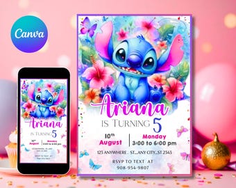 Stitch Birthday Invitation Editable Template, Canva Editable Birthday Invitation, Stitch Birthday Party Invitation, Invite Canva Template