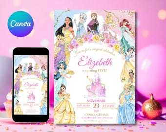 Invitación de cumpleaños de princesa en acuarela, invitación de princesa, invitación a fiesta de princesas, invitación de princesas niñas, pastel dorado, Canva editable