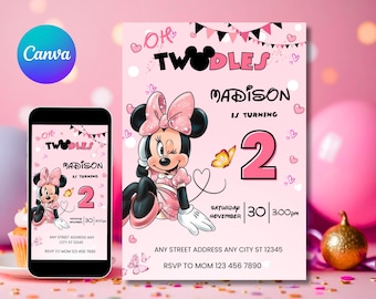 Editable Oh TWOdles Birthday Invitation Digital 2nd Birthday Cute Mouse Second Birthday Invite Oh Twodles Invitiation, Canva Editable