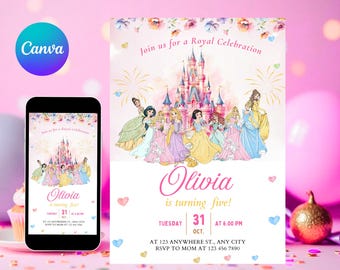 May include: A pink and white birthday party invitation with a castle illustration and several cartoon princesses. The invitation reads "Join us for a Royal Celebration" and includes the name "Olivia" and party details.
