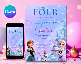 Frozen Four The First Time In Forever Birthday Invitation Frozen 4th Birthday Invitation Kids Fourth Party Invite Elsa Anna Theme EDITABLE