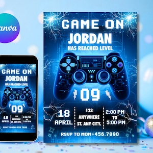 Pode incluir: Um convite azul com o texto "GAME ON JORDAN HAS REACHED LEVEL" e um gráfico de controle de jogo. O convite inclui a data, hora e local do evento. Um smartphone exibe o mesmo convite.