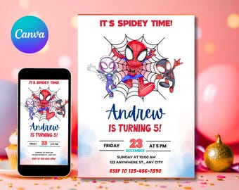 Invitación de cumpleaños de Spidey y sus increíbles amigos, plantilla de descarga digital, invitaciones de fiesta imprimibles editables de Spidey, invitación digital para niños