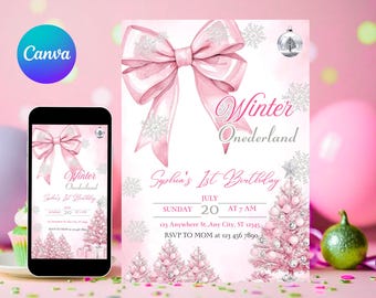 Pink Bow Winter Onederland First Birthday Invite Winter Onederland Invite 1st Christmas Birthday Girl Snowflake Birthday Pink Silver Digital