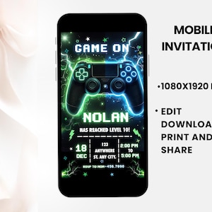 May include: A mobile invitation design featuring a black game controller with green and blue neon accents against a black background. Text includes "GAME ON", "NOLAN", and event details. The invitation is 1080x1920 pixels.