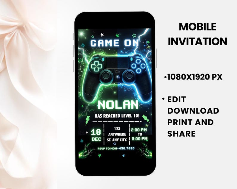 May include: A mobile invitation design featuring a black game controller with green and blue neon accents against a black background. Text includes "GAME ON", "NOLAN", and event details. The invitation is 1080x1920 pixels.