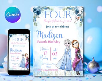 Frost-födelsedagsinbjudan: Elsa-tema, redigerbar mall (digital nedladdning)