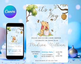 Editable Winnie the Pooh Baby Shower Invitation, Digital Invitation Oh Boy, Blue Winnie The Pooh Invitation, Pooh Printable Canva Template