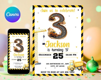 Construction Birthday Invitation, Dump Truck Party Invite, Construction Invitation, 3rd Birthday Invite Printable Template, Editable Canva
