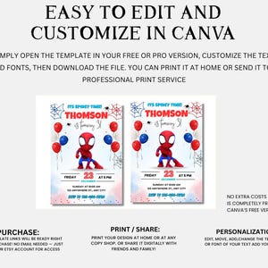 May include: Two invitations featuring a Spider-Man theme, with the text "Easy to Edit and Customize in Canva." Each invitation includes a cartoon Spider-Man, balloons, and the name "Thomson" with the age "31."