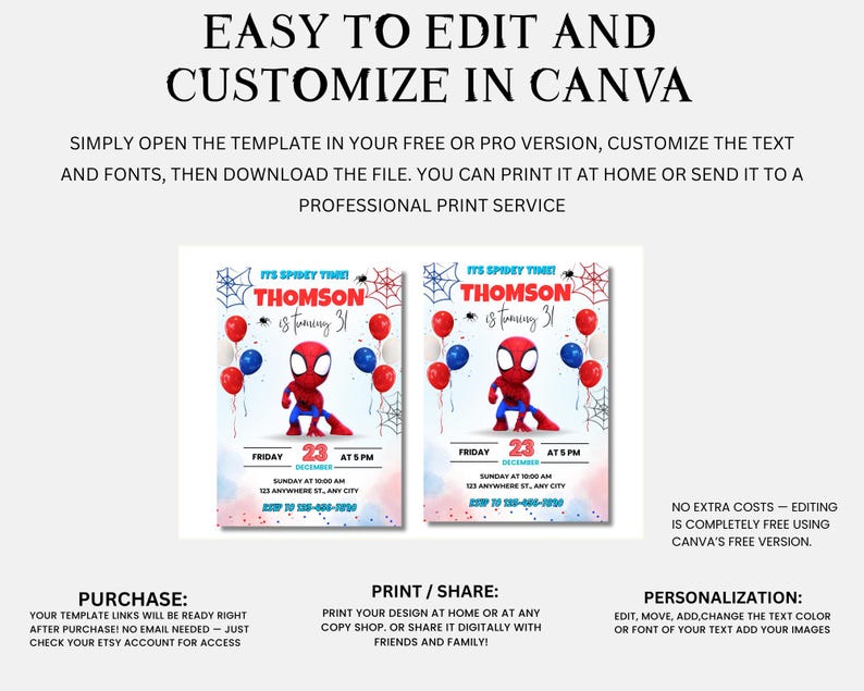 May include: Two invitations featuring a Spider-Man theme, with the text "Easy to Edit and Customize in Canva." Each invitation includes a cartoon Spider-Man, balloons, and the name "Thomson" with the age "31."