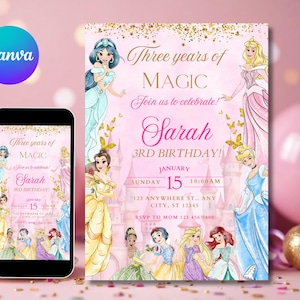 May include: A pink birthday invitation with princess illustrations and the text "Three years of MAGIC." The invitation includes the name "Sarah," the date, time, and RSVP details. A smartphone shows the same design.