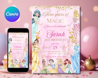 Editable 3rd Princess Birthday Invitation Pink Princess Invitation Her Royal Threeness Invitation Princesses Theme Invite Watercolor Invite