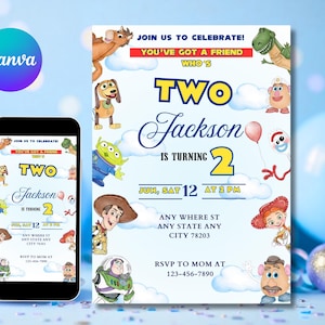 May include: A birthday invitation with a Toy Story theme, featuring cartoon characters and the text "Two Jackson is turning 2". The invitation includes the date and time, and is displayed on a smartphone.