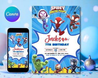 Zaproszenie na urodziny Spideya | Zaproszenie na urodziny superbohatera | Zaproszenie na przyjęcie urodzinowe Spidey i jego niesamowici przyjaciele | Możliwość dostosowania Canva