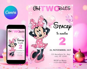 Editable Oh TWOdles Birthday Invitation Digital 2nd Birthday Cute Mouse Second Birthday Invite Oh Twodles Invitiation Boho Minnie Invite