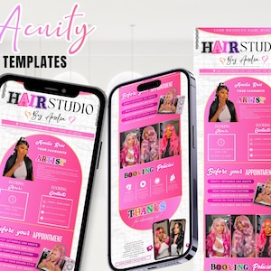 May include: Acuity templates for a hair studio, displayed on smartphones and a vertical banner. The design features a pink and white color scheme with the text "HAIR STUDIO By Amelia". The templates include booking information and images of hairstyles.