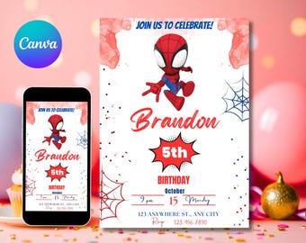 Zaproszenie na urodziny Spidey'a Spidey'ego i jego niesamowitych przyjaciół Zaproszenie na przyjęcie urodzinowe Spidey'ego dla chłopca Edytowalny szablon Instant Digital