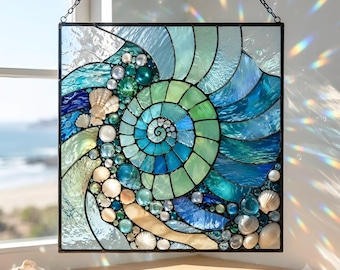 Acchiappasole quadrato in vetro colorato a forma di conchiglia di Nautilus, insegna in vetro colorato a forma di Nautilus nei toni del verde acqua e del blu, decorazione nautica da spiaggia, regalo per gli amanti dell'oceano blu
