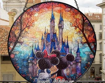 Spersonalizowany łapacz słońca z witrażem Myszki Miki z zamku Disneya, łapacz słońca Myszki Miki z Minnie, zawieszka ścienna Myszki Miki, prezent dla pary Disneya