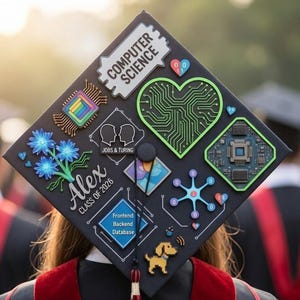 May include: A black graduation cap decorated with computer science-themed embellishments. The cap features a circuit board heart, a rainbow-colored chip, and the words "COMPUTER SCIENCE." It also includes the name "Alex" and "CLASS OF 2026."