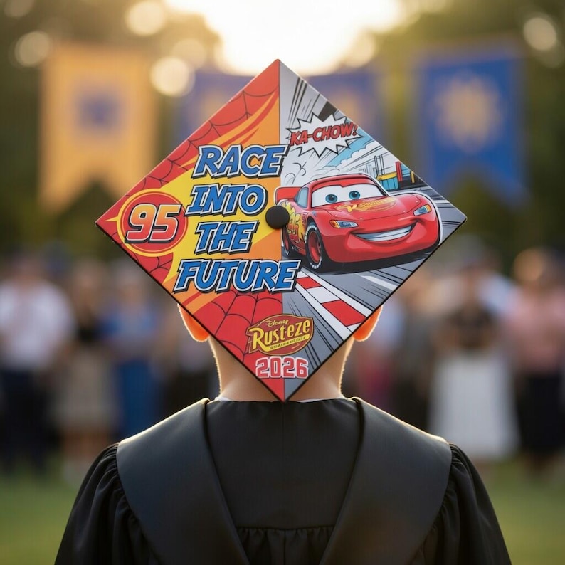 Cars Graduation Lay Custom Car Movie Graduation Cap Topper, Race Into the Future Grad Cap ...