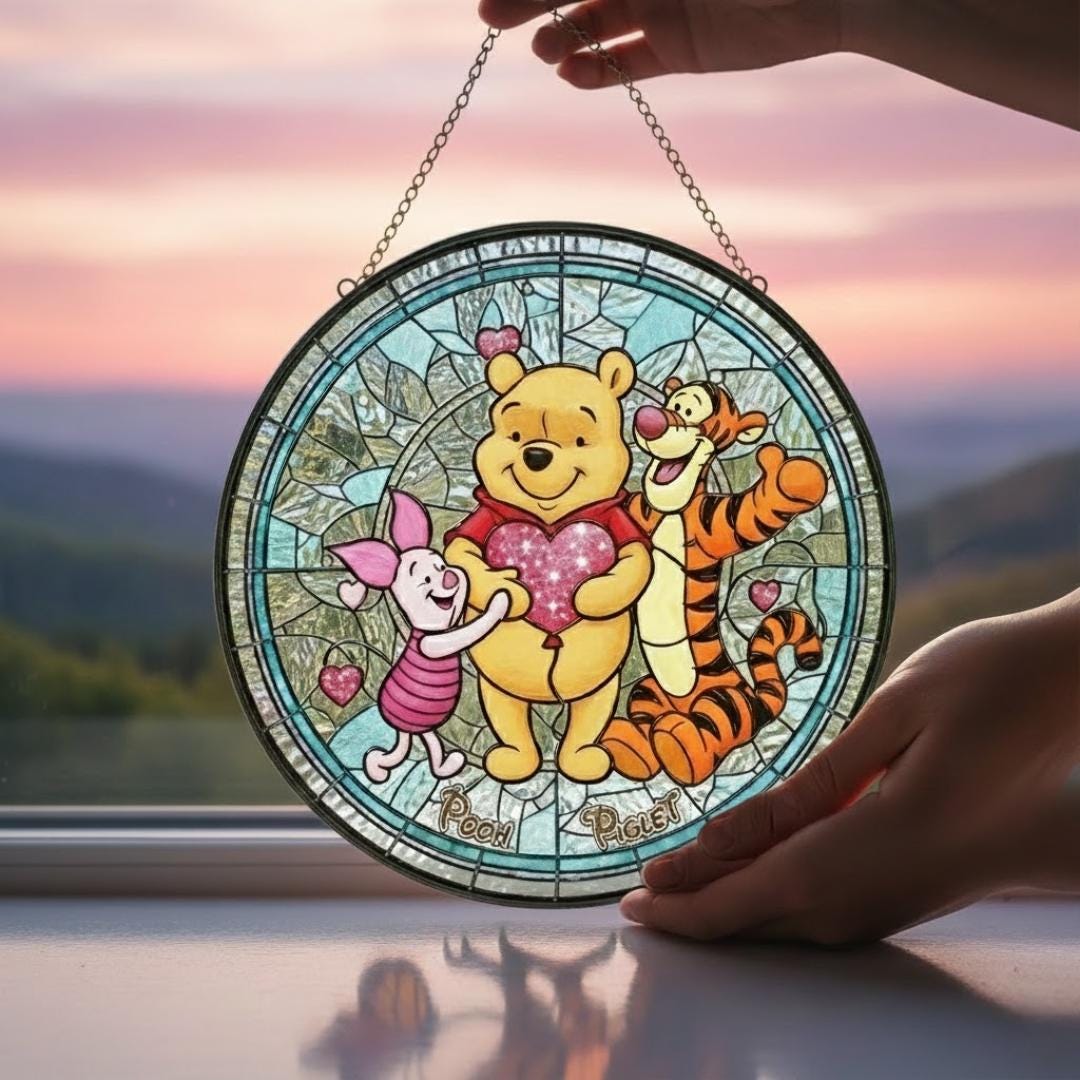 Discover Custom Winnie The Pooh Stained Glass Suncatcher, Pooh & Friends Suncatcher, Pooh Bear Window Hanging, Disney Decor Gift, Friendship Gift