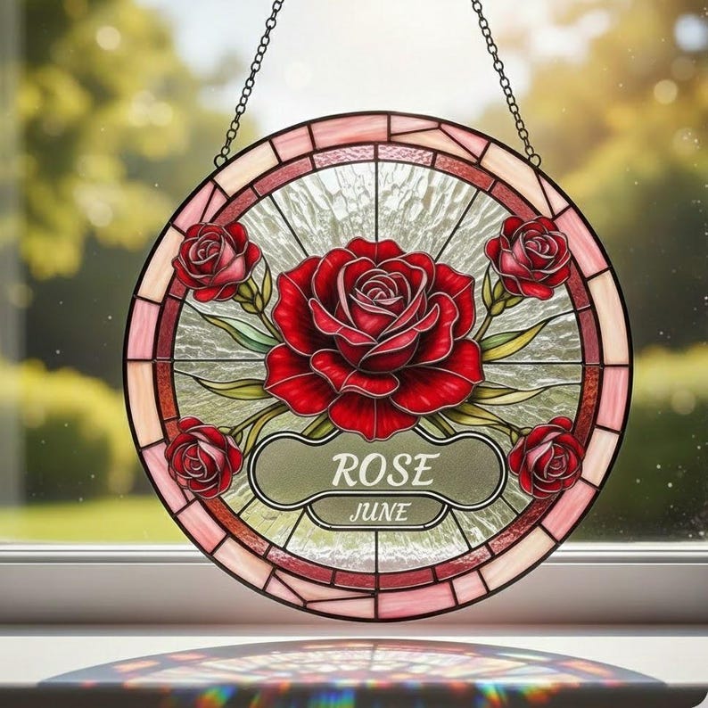June Birth Flower Rose Suncatcher, Custom Rose Window Hanging, Floral ...