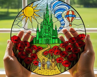 Wizard of Oz Stained Glass Suncatcher, Emerald City Yellow Brick Road, Emerald City Suncatcher, Wizard Of Oz Gift, Wicked Emerald City Decor