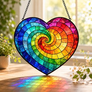 May include: A heart-shaped stained glass suncatcher featuring a vibrant rainbow-colored spiral pattern. The piece is constructed from numerous small, textured glass segments in shades of red, orange, yellow, green, blue, and purple, held together by black metal cames, and hangs from a black metal chain.