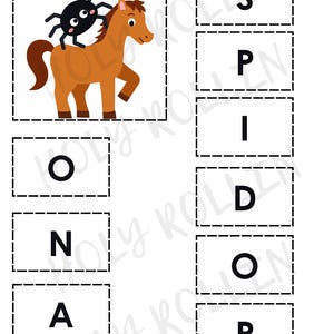 May include: A children's educational print showing a brown horse with a black spider. The image includes letter blocks spelling "SPIDOP" and "ON A". The illustration is set against a white background.