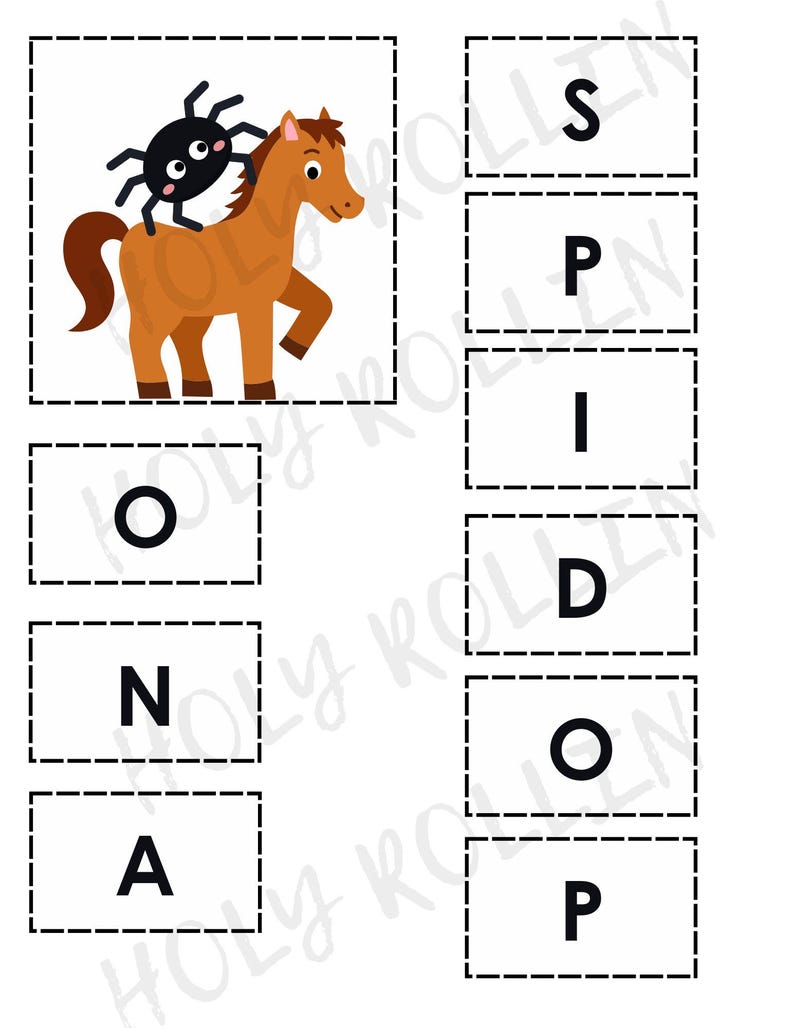 May include: A children's educational print showing a brown horse with a black spider. The image includes letter blocks spelling "SPIDOP" and "ON A". The illustration is set against a white background.