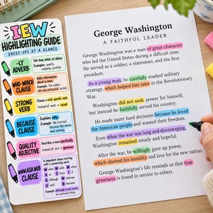 Puede incluir: Un marcapáginas vertical IEW Highlighting Guide con categorías codificadas por colores junto a una hoja de papel blanca titulada George Washington A Faithful Leader. El texto contiene frases resaltadas en rosa, verde, naranja, amarillo, azul y morado.