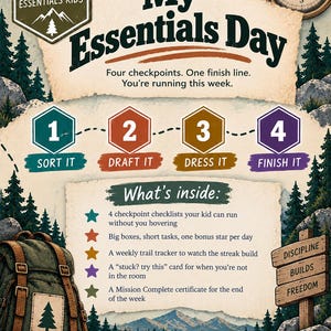 May include: A printable activity guide titled My Essentials Day featuring a forest theme with a compass, a backpack, and four numbered checkpoints: Sort It, Draft It, Dress It, and Finish It. The document includes a list of contents and a wooden signpost.