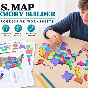 Klassiska samtal cykel 3 USA-karta minnespussel, målarbok + utskrivbara arbetsblad geografi