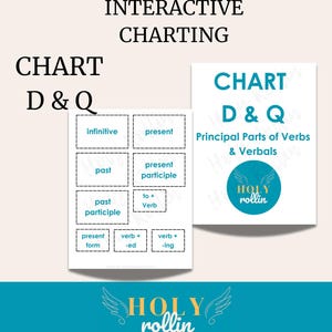 Op de afbeelding: Een wit en blauwgroen educatief diagram met de titel "Classical Conversations INTERACTIVE CHARTING". De grafiek bevat werkwoordvervoegingen en de tekst "CHART D & Q". Het Holy Rollin Co. logo staat onderaan.