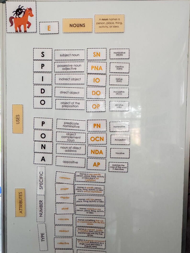 May include: A whiteboard displaying educational grammar elements. The board has sections for nouns, attributes, and uses. Rectangular cards with grammatical terms and definitions are present. A cartoon horse and spider are in the top left corner.