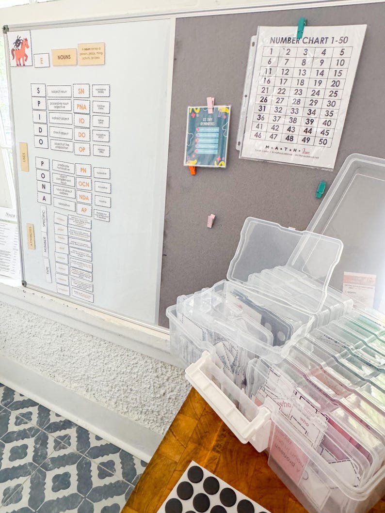 May include: A classroom setting featuring a whiteboard, a number chart, and clear plastic storage containers. The whiteboard displays grammar terms. A number chart lists numbers 1-50. The containers hold flashcards and other educational materials.