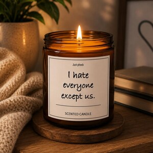 May include: A lit scented candle in an amber glass jar with a white label featuring the text Just pheeb, I hate everyone except us., and SCENTED CANDLE. The candle has a single burning wick and is placed on a round wooden coaster.