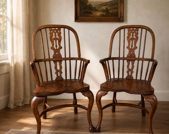 Vintage Solid Oak Windsor Armchairs Set of 2 | Carved Splat Back Dining Chairs